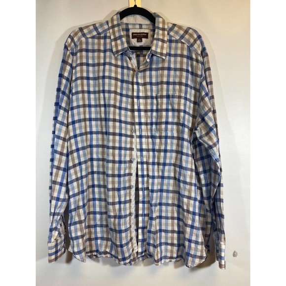 NWOT Johnston & Murphy Mens Size XL 100% Linen Plaid Button Up Shirt Blue LS D22 - Picture 1 of 5